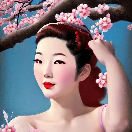 Prompt: pin - up portrait of a beautiful young traditional korean woman, pretty long hair, cherry blossoms, intense flirting, showing curves, symmetrical face, digital art, smooth, extremely detailed, model pose, intense look, dream, gorgeous young model, traditional beauty, pretty, by wu bayard, by gil elvgren, by ralph horsley, by hanks steve