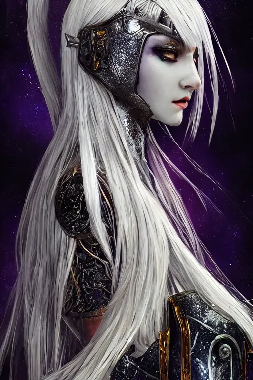 Image similar to portrait evilly white hair knights of Zodiac girl, metalic deep purple and black reflected armor, in ruined Agora of Athens thunder sparkling flash night, ssci-fi, fantasy, intricate, very very beautiful, elegant, highly detailed, digital painting, artstation, concept art, smooth, sharp focus, illustration, art by tian zi and WLOP and alphonse mucha