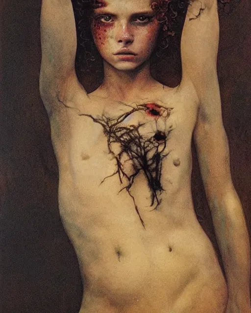 Prompt: a beautiful and eerie baroque painting of a gorgeous young woman bleeding in dead space. She has wild, curly hair, freckles and violence in her eyes photographed in the 1970s, by Alan Lee