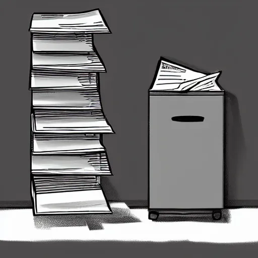 Image similar to filing cabinet overflowing with paperwork, stack of papers, metal filing cabinet, concept art, colored sketch, artstation award, detailed, explosive, flying papers