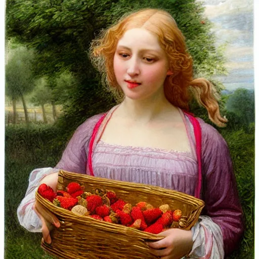 Prompt: A beautiful Blonde Woman with lushes Locks selling strawberries in the style of Sophie Anderson, Portrait