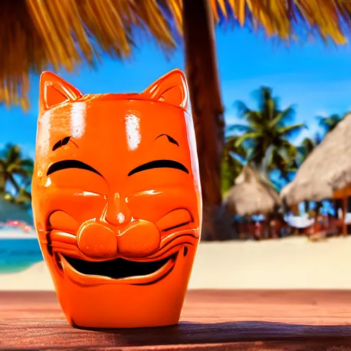 Image similar to a closeup photorealistic photograph of a glossy orange cat garfield style tiki mug sitting at a trader vic's beach bar featuring garfield's face. tiki theme. bright scene. fine detail. this 4 k hd image is trending on artstation, featured on behance, well - rendered, extra crisp, features intricate detail, epic composition and the style of unreal engine.