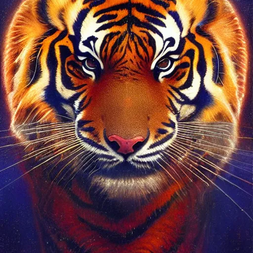 Image similar to highly detailed portrait of a tiger shaped mecha, painting by gaston bussiere, craig mullins, j. c. leyendecker, lights, art by ernst haeckel, john william godward, hammershøi, alex grey, psychedelic, dmt