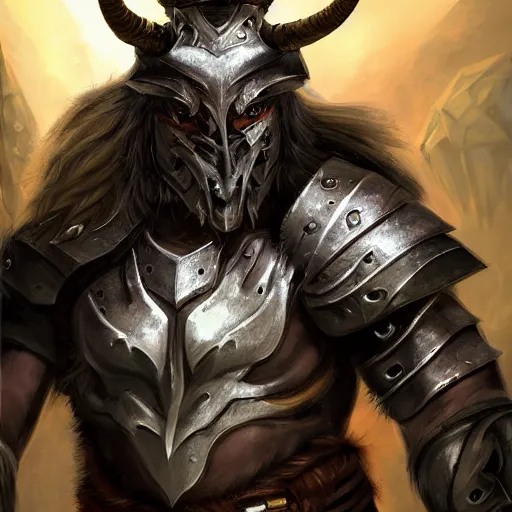 Prompt: dungeons & dragons avatar, fantasy concept art, portrait of a male minotaur fighter with black fur and plate armor, large and muscly build, helmet with large horns, nose ring, scars, in the style of ruan jia, high detail, 8 k, uplit