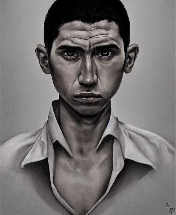 Image similar to heroic portrait of a handsome young mexican prisoner art by denys tsiperko and bogdan rezunenko, hyperrealism