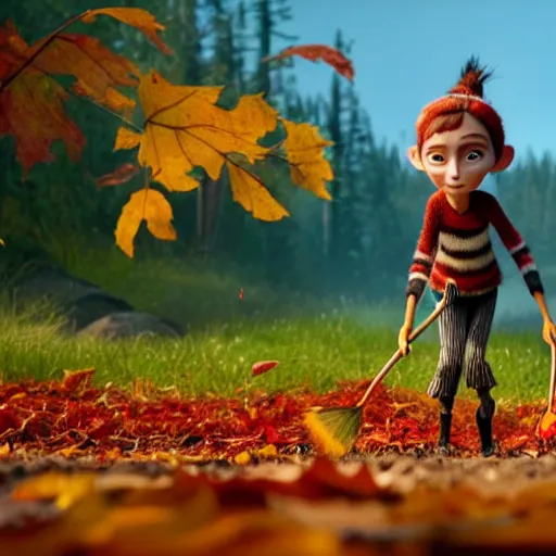 Image similar to a stopmotion animation character, a beautiful canadian woman, pulling weeds out frantically, some grey hair, stripey pants, canadian maple leaves, mountains, autumn, octane render, 8 k, kubo and the two strings, jan svankmayer, disney, pixar,