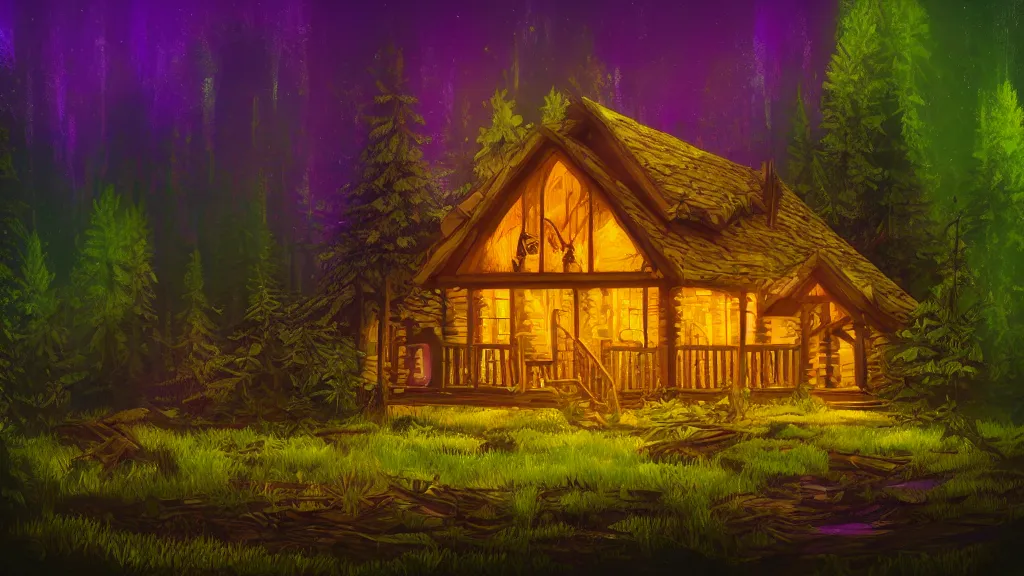 Image similar to portrait of an ethereal log cabin made of golden purple and green light, evergreen forest, divine, cyberspace, mysterious, dark high-contrast concept art