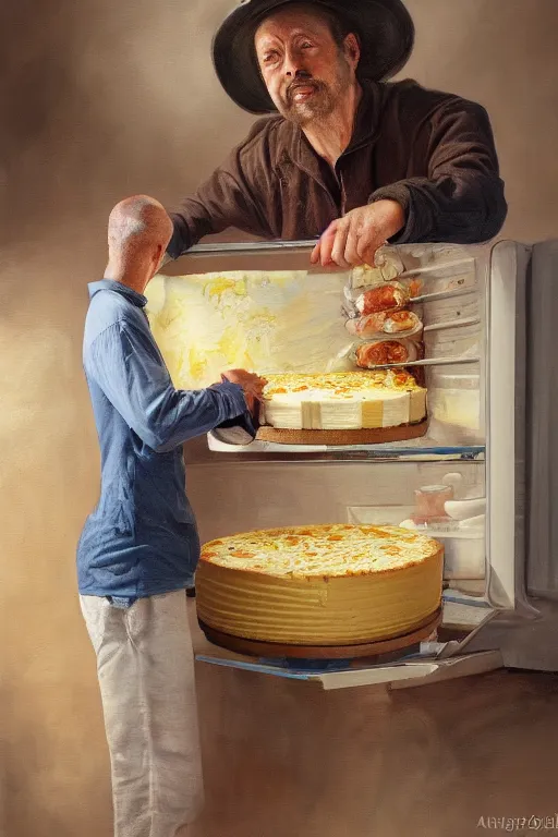 Prompt: man putting cheesecake in the fridge, oil on canvas, intricate, portrait, 8 k highly professionally detailed, hdr, cgsociety