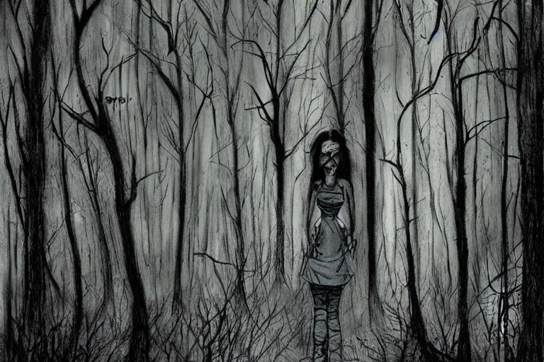 Image similar to mad girl wandering the woods artwork by ben templesmith