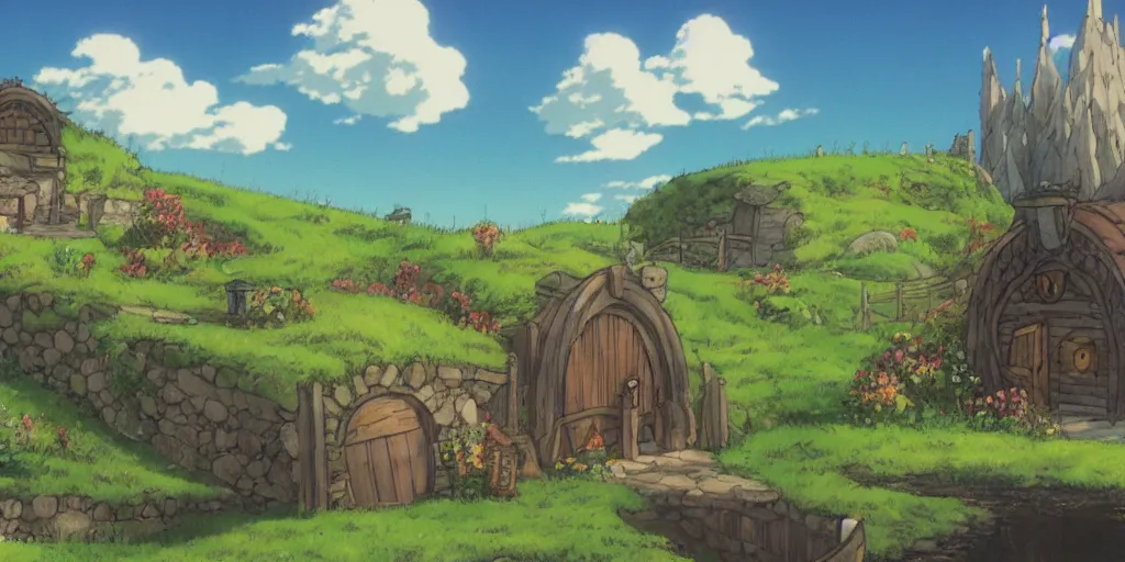 Image similar to a still of a background from howl's moving castle of hobbiton, studio ghibli, light bloom