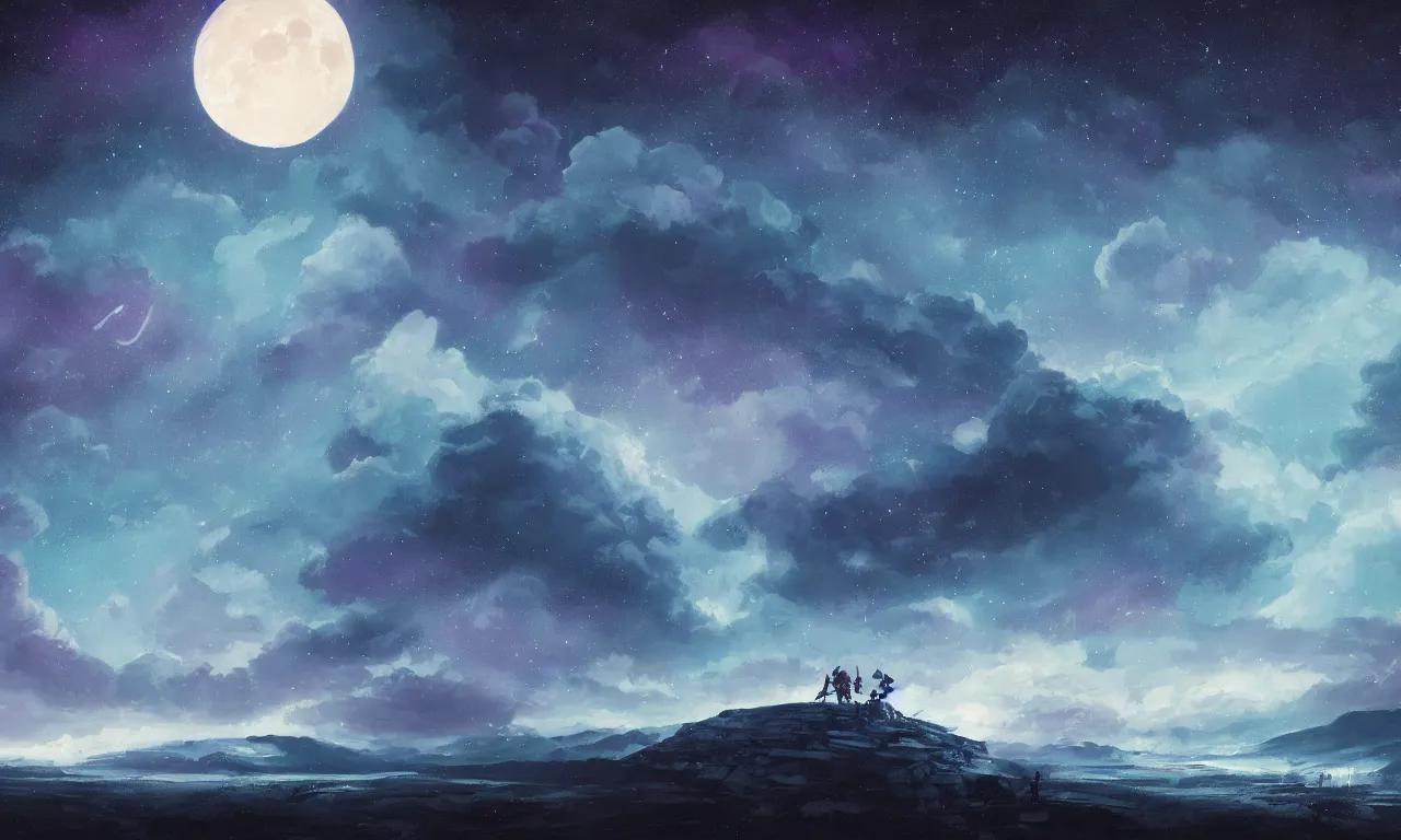 Image similar to a beautiful painting of ice age, starry sky, moon ， cloud, by liam wong and yuumei and yanjun chen, trending on artstation