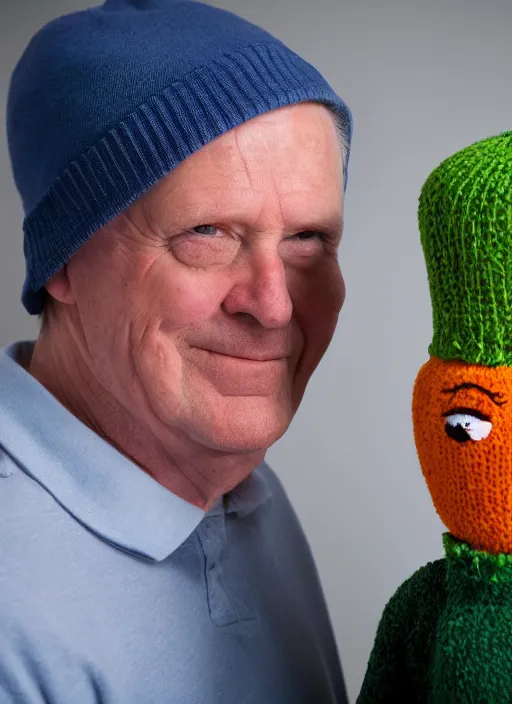 Image similar to portrait photo still of real life mr garrison with mr hat puppet, 8 k, 8 5 mm, f. 1 4