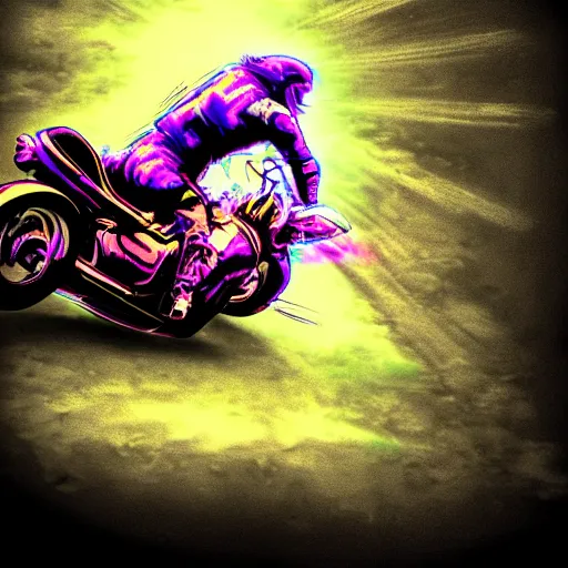 Prompt: psychedelic colorful blacklight airbrush artwork, motorcycle, stylized action shot of an orc biker riding a motorcycle, menacing orc, drifting, skidding, wheelie, clear focused details, soft airbrushed artwork, black background, cgsociety, artstation