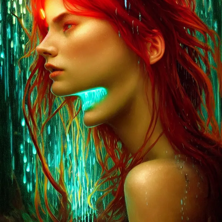 Image similar to bright asthetic portrait LSD glowing backlit rain on face and wet hair, fantasy, intricate, elegant, dramatic lighting, highly detailed, lifelike, photorealistic, digital painting, artstation, illustration, concept art, smooth, sharp focus, art by John Collier and Albert Aublet and Krenz Cushart and Artem Demura and Alphonse Mucha