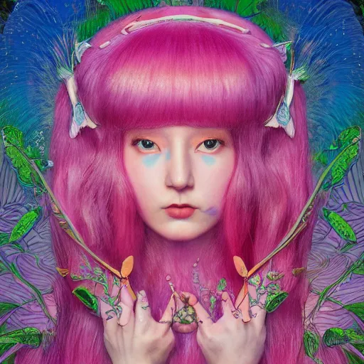 Image similar to princess bubblegum, exterior botanical garden, portrait face, colorful, frantisek kupka, intricate, miles johnston, kuroda seiki, cynical realism, ozabu, john william godward, painterly, yoshitaka amano, moebius, miles johnston, louise zhang, james jean, mark ryden lowbrow pop surrealism art style