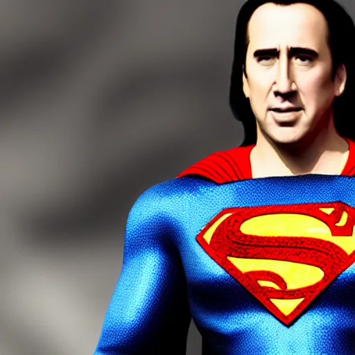 Prompt: photorealistic Nicholas cage long hair as superman, 4k