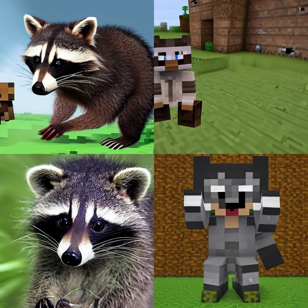 Prompt: a raccoon playing Minecraft