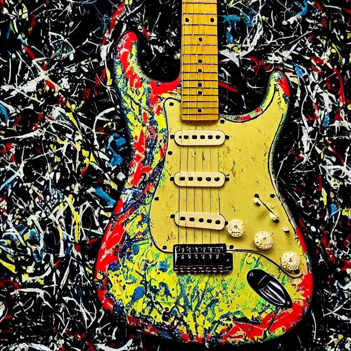Prompt: “Fender Stratocaster painted by Jackson Pollock.”