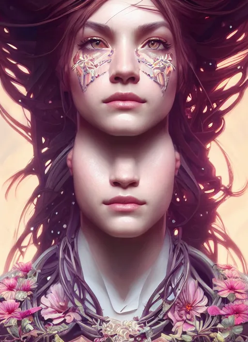 Image similar to symmetry!! portrait of floral! horizon zero dawn machine, intricate, elegant, highly detailed, digital painting, artstation, concept art, smooth, sharp focus, illustration, art by artgerm and greg rutkowski and alphonse mucha, 8 k