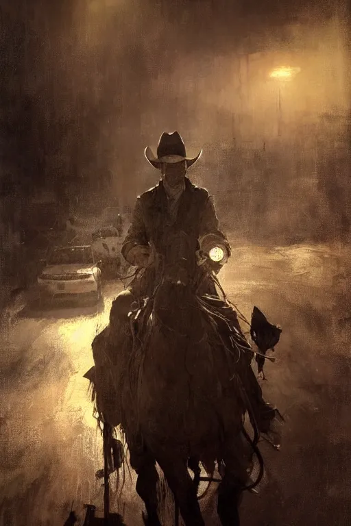 Image similar to hyperrealist portrait of a cowboy driving stage coach by jeremy mann and howard powel and fredrick remington, fantasy art, photo realistic, dynamic lighting, artstation, poster, volumetric lighting, very detailed faces, 4 k, award winning