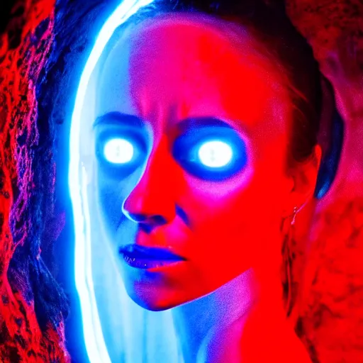Prompt: style of Charlie Bowman, symmetrical detailed woman Stella Maeve who is screaming scared face, symmetrical eyes symmetrical, The interior of an cave lit in red, blue neon light coming from the back of the cavern, mysterious atmosphere