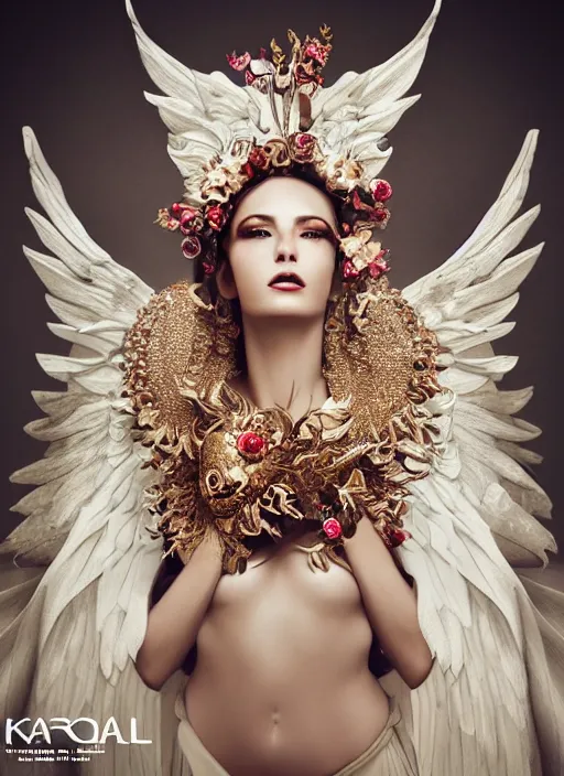 Image similar to expressive full body photo of a female model as beautiful angel, ornate headpiece made from flowers, ivory, ornaments, glamour shot, by karol bak, by stefan gesell, octane render, unreal engine, photorealistic, canon r 3, fashion photography, studio shot, environmental portrait, dark fantasy, dark beauty, magazine, symmetrical features