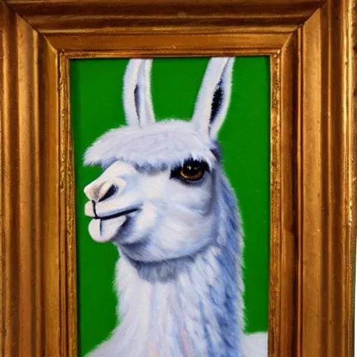 Prompt: an oil painting of a llama wearing fancy dress