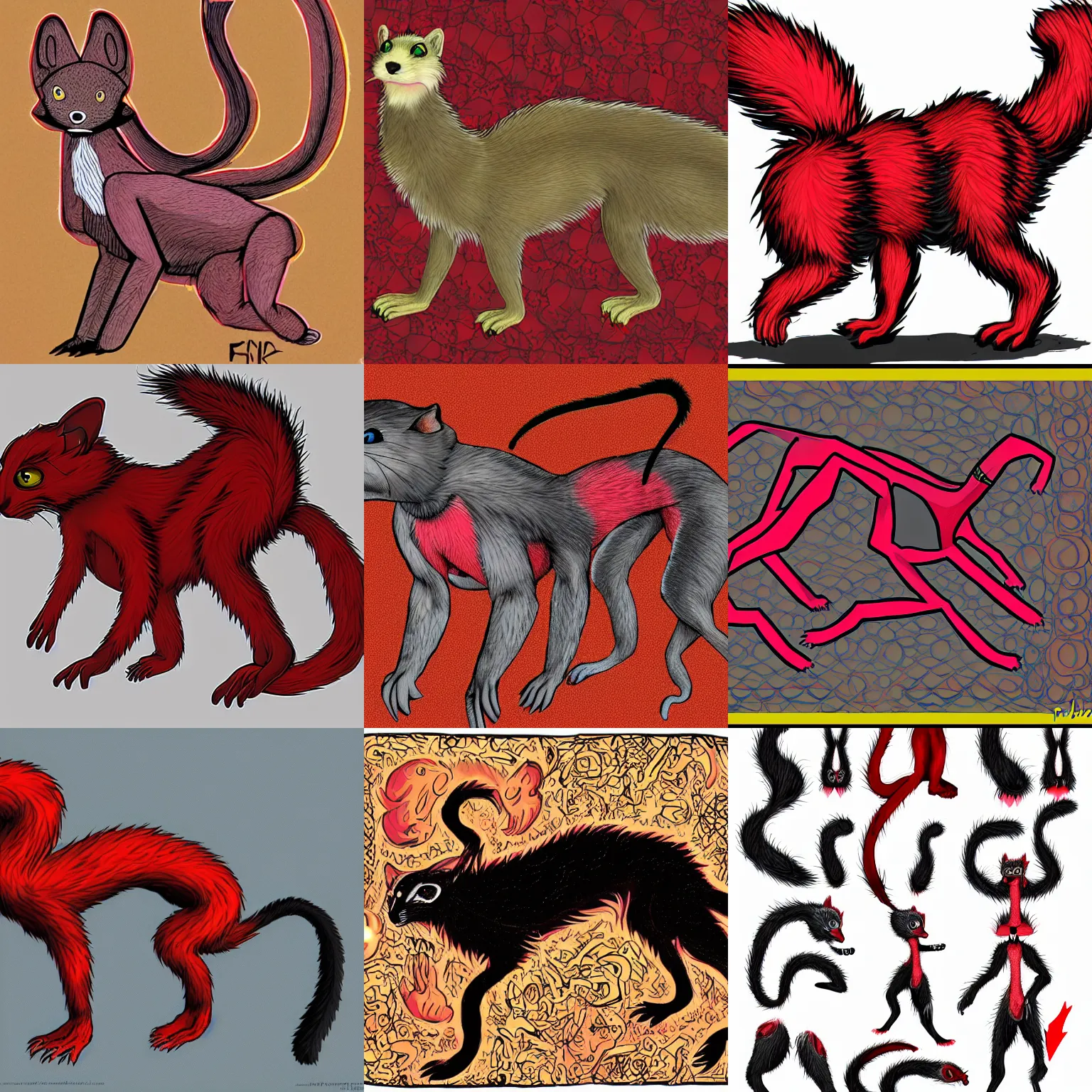 Prompt: visual static, dmt, something, male body weasel furry ( red & black ) fursona, attached tail