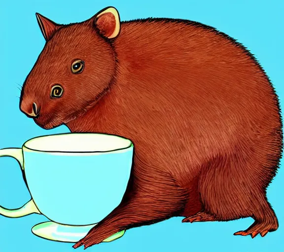 Image similar to awesome colourful digital painting of a wombat sipping a cup of tea