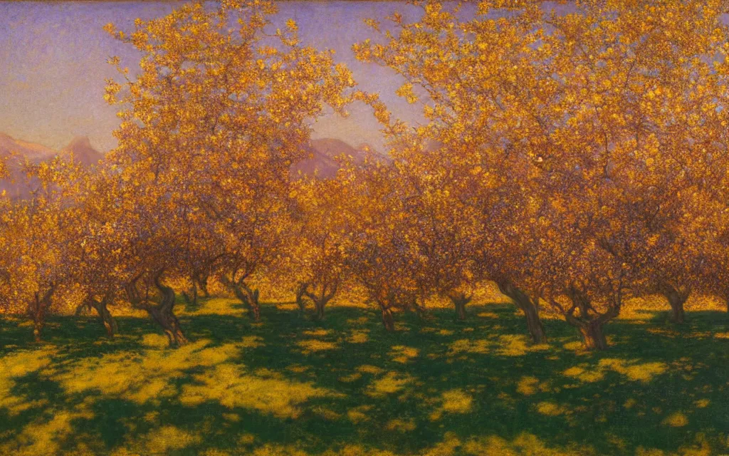 Prompt: a beautiful orchard in full bloom, golden hour, by lovell birge harrison and nicholas roerich and maxfield parrish and jean deville and annie swynnerton, dramatic lighting, distant mountains