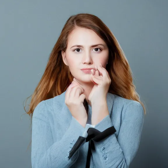 Prompt: portrait of 2 5 - year - old business woman with angle 9 0 ° centred looking away breading fresh air, strong spirit and look serious, background soft gradian blue