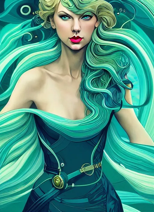 Image similar to style artgerm, joshua middleton, taylor swift with green dress, very long blue hair, swirling water swirling, symmetrical face, symmetrical eyes, steampunk cyberpunk,, cinematic lighting