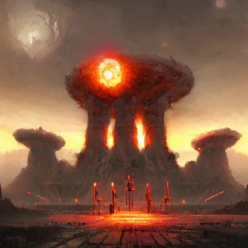 Image similar to an atomic nuclear fission temple by greg rutkowski and ross tran