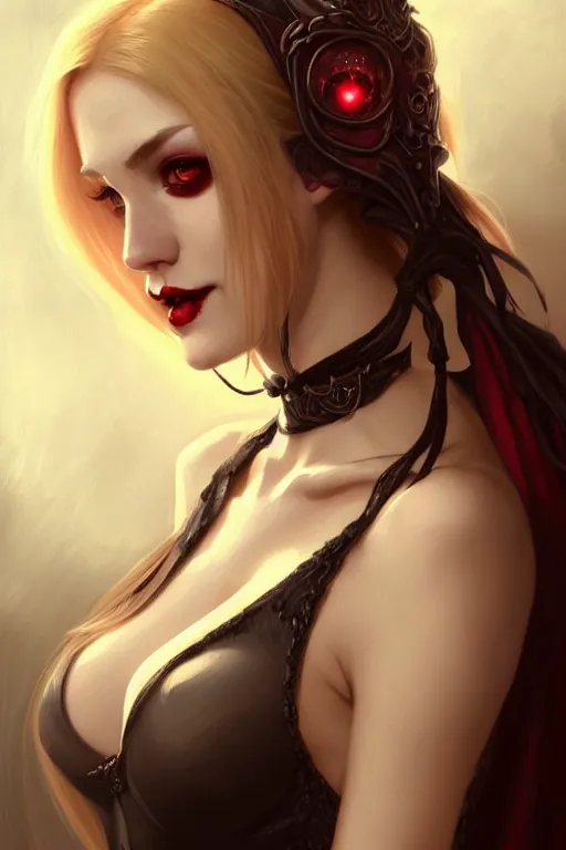 Image similar to Portrait of seductive female necromancer, D&D, revealing stylish dress, red eyes, choker on neck, long blonde hair, mouth slightly open, slight nerdy smile, fantasy, intricate, elegant, highly detailed, digital painting, artstation, concept art, smooth, sharp focus, illustration, art by artgerm and greg rutkowski and alphonse mucha