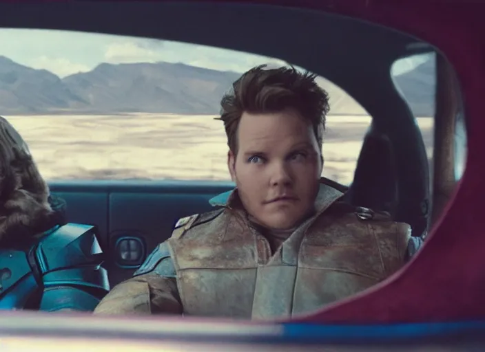 Image similar to a very high resolution image from a new movie, starlord. driving around. inside of a car. mountains, polaroid, directed by wes anderson