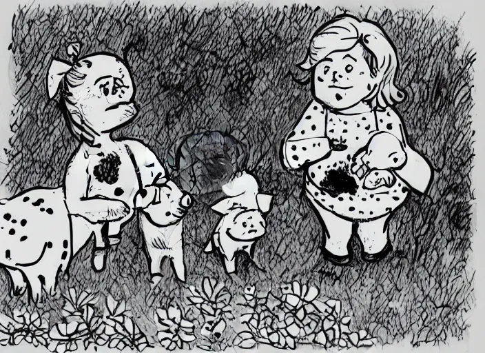 Image similar to antifa girl and a piglet and a duchess and a baby dalmatian hanging out in a garden. vintage comic style drawing