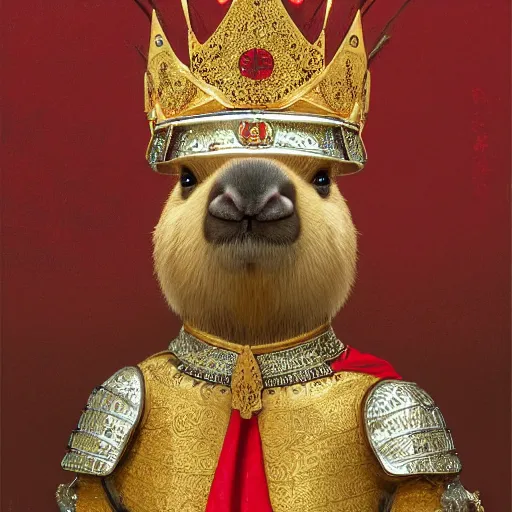 Image similar to detailed photorealistic painting of a capybara wearing a highly detailed ornamented gold crown with diamonds, in a medieval knight armor with red cape, sitting on a throne in a castle, sharp focus in the style of ruan jia, Mandy jurgens, cinematic light, concept art, trending on artstation, ultra realistic