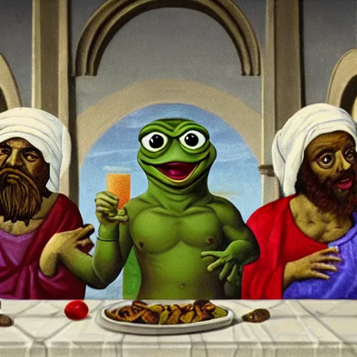 Image similar to pepe the frogs in the last supper