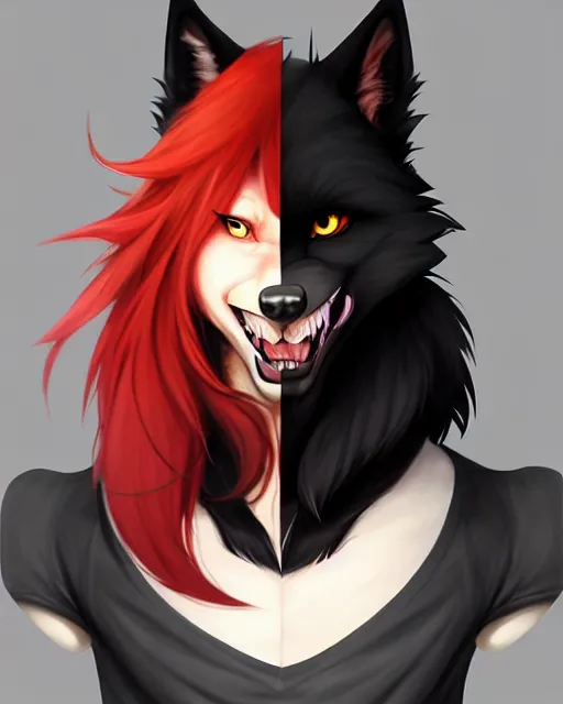 Image similar to character concept art of a black anthropomorphic male furry wolf long red hair | | cute - fine - face, pretty face, key visual, realistic shaded perfect face, fine details by stanley artgerm lau, wlop, rossdraws, james jean, andrei riabovitchev, marc simonetti, and sakimichan, trending on artstation