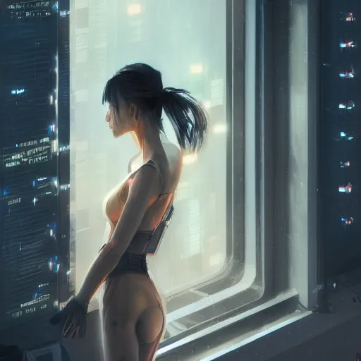 Prompt: art by wlop, portrait of cyberpunk woman looking out of a window, cyberpunk setting, futuristic, highly detailed, intricate lighting, digital painting, sharp focus, illustration, trending on artstation.
