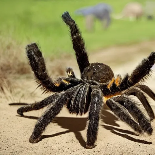 Image similar to gigantic tarantula bigger than an elephant, the tarantula has an elephant in its fangs