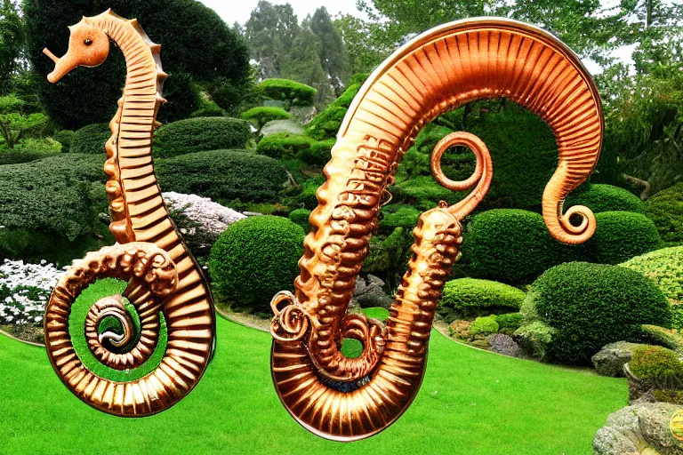 Prompt: a huge flock of many intricate elegant french horn tuba cloud seahorse sculptures, art nouveau japanese garden environment, soothing, milky way, award winning art, epic dreamlike fantasy landscape, ultra realistic,