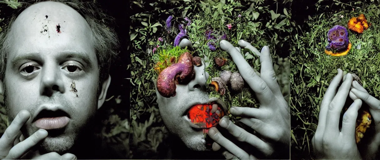 Image similar to award winning photo of a todd solondz charles thompson iv eating magic mushrooms and becoming nature, sad and happy, crying and smiling franticly, vivid colors, happy, symmetrical face, beautiful eyes, studio lighting, wide shot art by sally mann & arnold newman