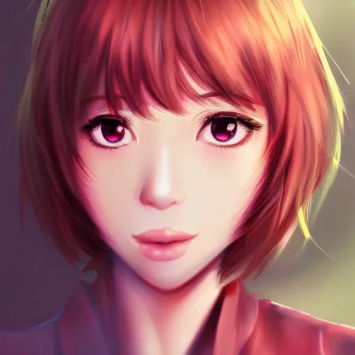 Prompt: portrait of Sayori from DDLC, detailed facial features, optimistic colors, bright eyes, warm smile, delicate, by artgerm