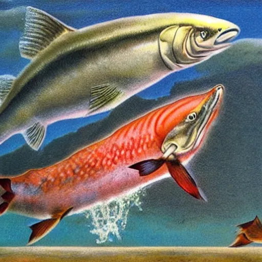 Image similar to salmon jumping out of the water on a sunny day in surrealism style