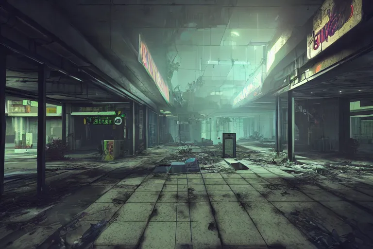 Prompt: hyper realistic fps game screenshot of a abandoned cyberpunk shopping mall, a crew of high tech soldiers are in, cinematic lightning, ray tracing, unreal engine, photorealistic fps game concept art, detailed, dark, moody, foggy