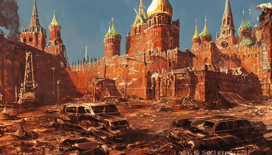 Image similar to A detailed render of a post apocalyptic scene of Kremlin in Moscow ruined and devastated by fires, burned down rusty Moscow buses in flood water, sci-fi concept art, by Syd Mead, highly detailed, oil on canvas