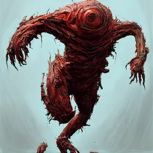 Image similar to scifi art by Greg Rutkowski, hideous monster made of twisted human flesh and reddish ooze, lumpy bloated upper body with elongated and sharp limbs, small head like a ball with two empty holes for eyes, only human beings are its legs, vicious appearance, scifi, space horror, digital painting, artstation, concept art, smooth, sharp foccus ilustration, Artstation HQ.