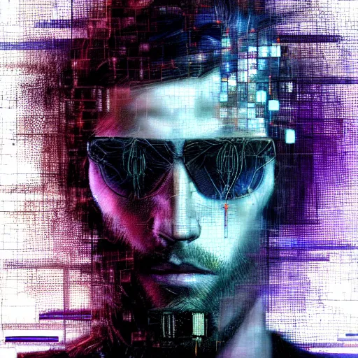 Image similar to hyperrealistic portrait of a cyberpunk man, long hair, cyberspace, by Guy Denning, Johannes Itten, Russ Mills, glitch art, hacking effects, glitch effects, digital tech effects, cybernetics, detailed lines, chromatic, color blocking!, oil on canvas, highly detailed, symmetrical, octane, concept art, abstract, blue and violet, 8k, cinematic, trending on artstation