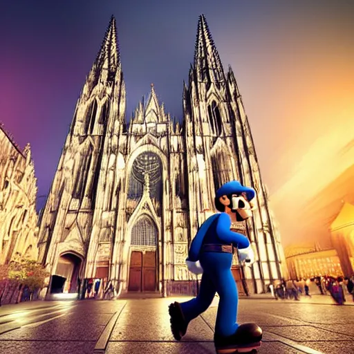 Image similar to super mario walking next to the cathedral of cologne, germany, volumetric lighting, sharp focus, ultra detailed, cgsociety - w 1 0 2 4 - n 8 - i